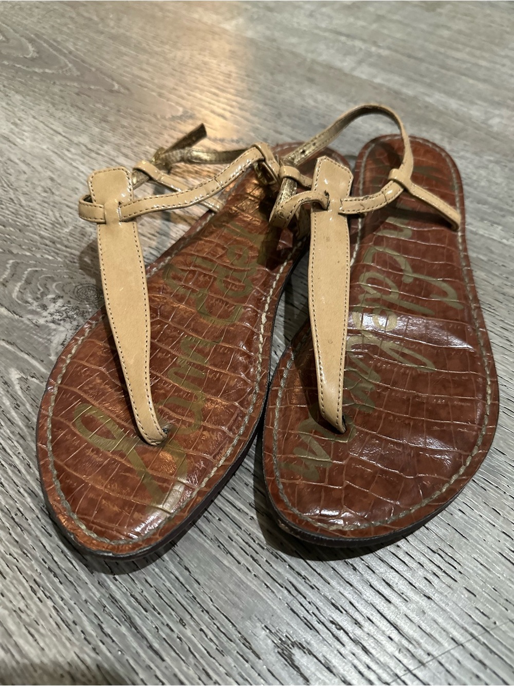 Saks Fifth Avenue Beige Leather T-Strap Sandals